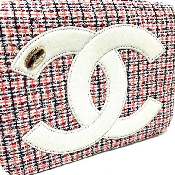 CHANEL CC Flap Pochette Chain Shoulder Bag Leather / tweed White x Red - Picture 3 of 13
